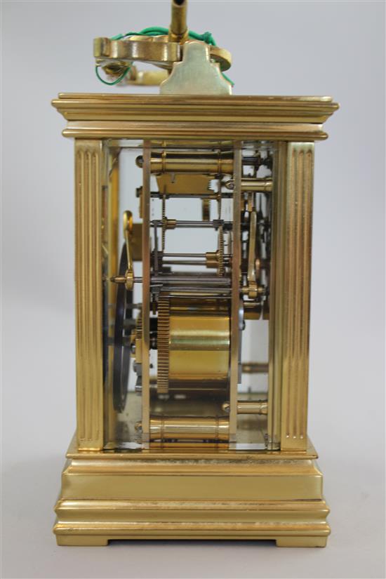 A late 19th century French hour repeating gilt brass carriage clock, 6.25in.